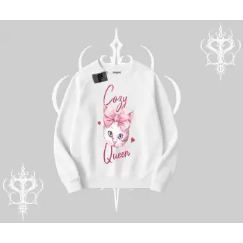 Cozy Queen Kedi Baskılı Biskilet Sweatshirt