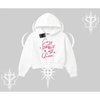 Cozy Queen Kedi Baskılı Kapşonlu Crop Sweatshirt