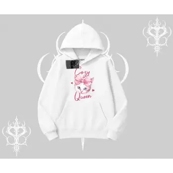 Cozy Queen Kedi Baskılı Kapşonlu Sweatshirt