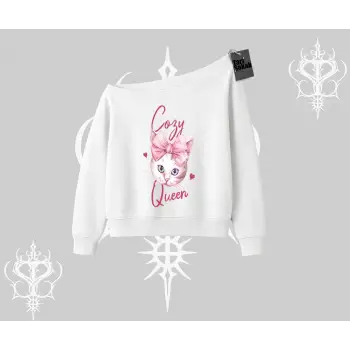 Cozy Queen Kedi Baskılı Kayık Yaka Sweatshirt