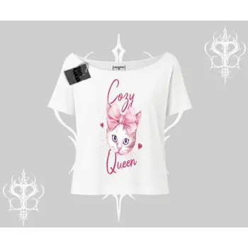 Cozy Queen Kedi Baskılı Kayık Yaka Tshirt