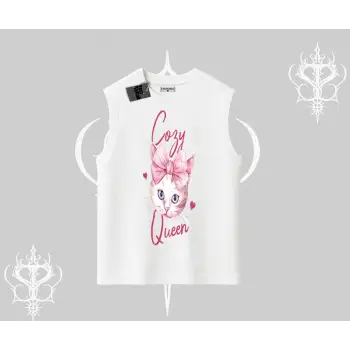 Cozy Queen Kedi Baskılı Kolsuz Tshirt