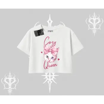 Cozy Queen Kedi Baskılı Oversize Crop Tshirt