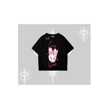 Cozy Queen Kedi Baskılı Oversize Tshirt