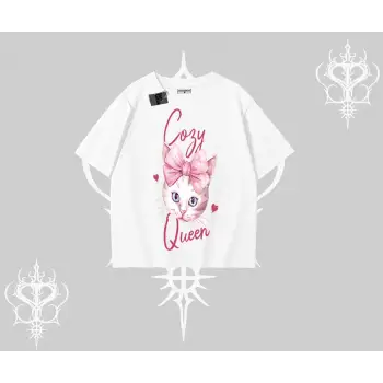 Cozy Queen Kedi Baskılı Oversize Tshirt