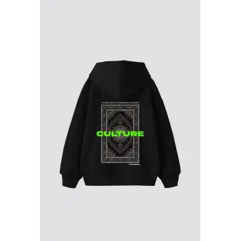 Culture Etnik Baskılı Oversize Unisex Premium Siyah