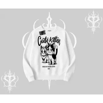 Cute Kitten Yazılı Sevimli Kedi Baskılı Biskilet Sweatshirt