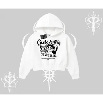 Cute Kitten Yazılı Sevimli Kedi Baskılı Kapşonlu Crop Sweatshirt