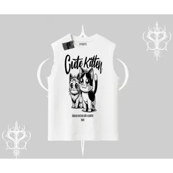 Cute Kitten Yazılı Sevimli Kedi Baskılı Kolsuz Tshirt