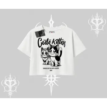 Cute Kitten Yazılı Sevimli Kedi Baskılı Oversize Crop Tshirt