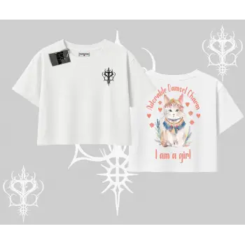 Cute Princess Kedi Tasarımlı Arka Baskılı Oversize Crop Tshirt