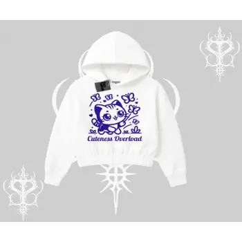 Cuteness Overload Kedi Baskılı Kapşonlu Crop Sweatshirt