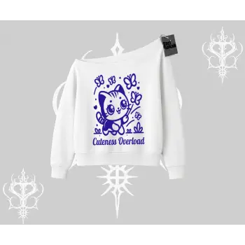 Cuteness Overload Kedi Baskılı Kayık Yaka Sweatshirt