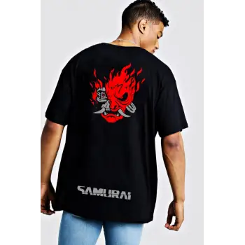 Cyberpunk 2077 Samurai Oversize Sırt Baskılı Siyah Tişört