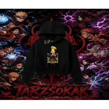 Deidara Naruto Anime Karakteri Kadın Crop Kapşonlu Sweatshirt Beyaz