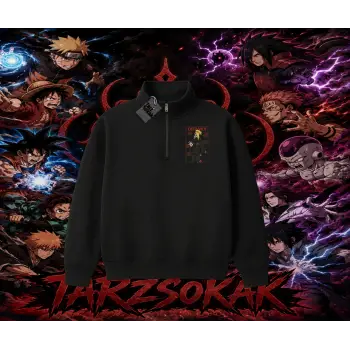 Deidara Naruto Anime Karakteri Unisex Polo Yaka Yarım Fermuarlı Sweatshirt Beyaz