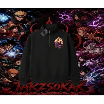 Deidara Naruto Anime Karakteri Unisex Polo Yaka Yarım Fermuarlı Sweatshirt Beyaz