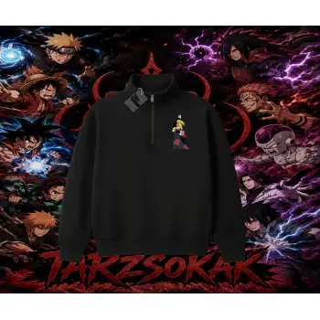 Deidara Naruto Anime Karakteri Unisex Polo Yaka Yarım Fermuarlı Sweatshirt Beyaz