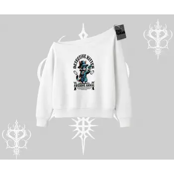 Detective Kitten Kedi Baskılı Kayık Yaka Sweatshirt