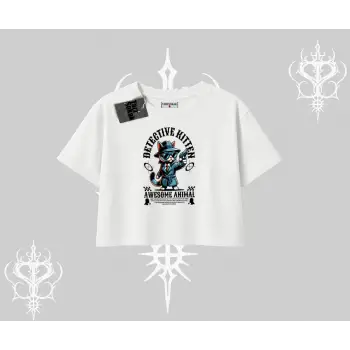 Detective Kitten Kedi Baskılı Oversize Crop Tshirt