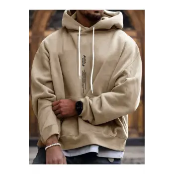 Dik Renkli Oversize Kapüşonlu Sweatshirt Bej