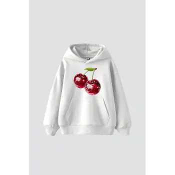 Disco Cherry Baskılı Oversize Unisex Beyaz