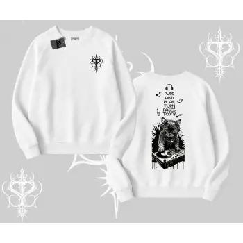 DJ Kedi Baskılı Müzik Temalı Biskilet Sweatshirt