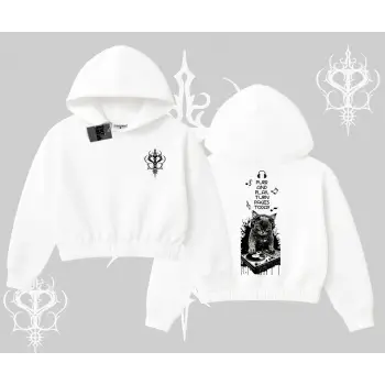 DJ Kedi Baskılı Müzik Temalı Kapşonlu Crop Sweatshirt