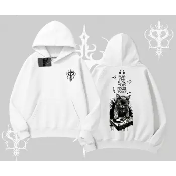 DJ Kedi Baskılı Müzik Temalı Kapşonlu Sweatshirt