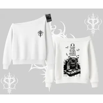 DJ Kedi Baskılı Müzik Temalı Kayık Yaka Sweatshirt