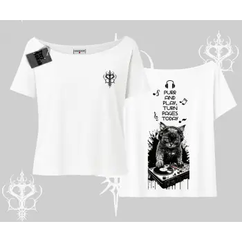 DJ Kedi Baskılı Müzik Temalı Kayık Yaka Tshirt