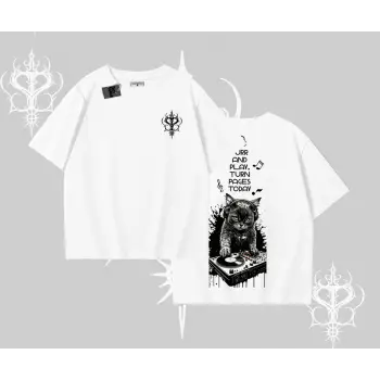 DJ Kedi Baskılı Müzik Temalı Oversize Tshirt