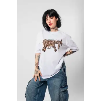 Dominante Leopar Baskılı Oversize Unisex Beyaz