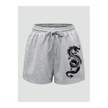 Dragon Graphic Drawstring Waist Track Şort