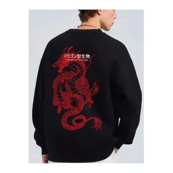 Dragon & Slogan Graphic Drop Shoulder Sweatshirt Siyah