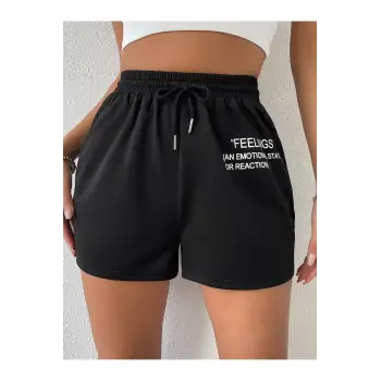 Drawstring Waist Slogan Graphic Track Şort