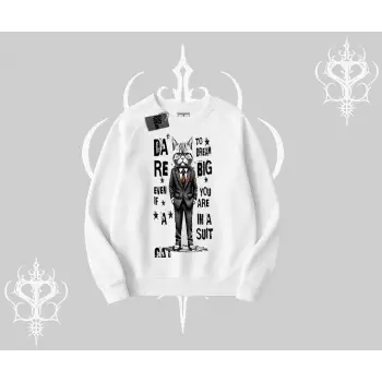 Dream Big Yazılı Takım Elbiseli Kedi Baskılı Biskilet Sweatshirt