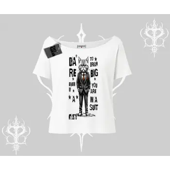 Dream Big Yazılı Takım Elbiseli Kedi Baskılı Kayık Yaka Tshirt