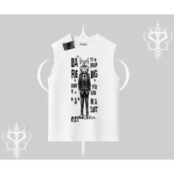 Dream Big Yazılı Takım Elbiseli Kedi Baskılı Kolsuz Tshirt