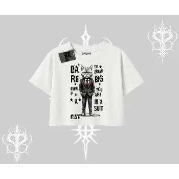 Dream Big Yazılı Takım Elbiseli Kedi Baskılı Oversize Crop Tshirt