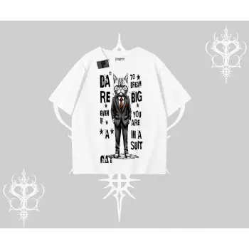 Dream Big Yazılı Takım Elbiseli Kedi Baskılı Oversize Tshirt