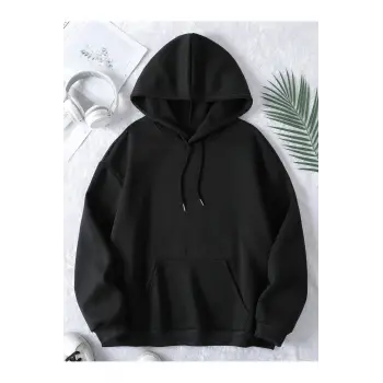 DÜZ Renkli Baskılı Oversize Kapüşonlu Sweatshirt Siyah