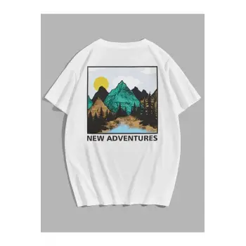 Erkek Beyaz Mountaın Baskılı Bisiklet Yaka Tshirt
