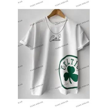 Erkek Celtic Baskılı Pamuklu Bisiklet Yaka Kısa Kollu Oversize