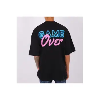 Erkek Game Over Baskılı Oversize Bisiklet Yaka Tshirt