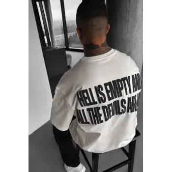 Erkek Hell & Devil Kabaran Baskı Ekru Bisiklet Yaka Oversize Salas