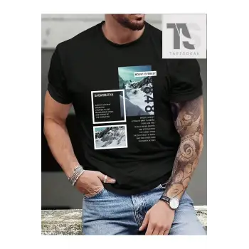 Erkek Manzara ve Slogan Baskılı Tişört