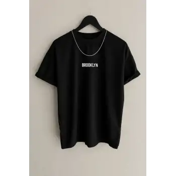 Erkek Mavi Brooklyn Baskılı Oversize Bisiklet Yaka Kısa Kollu Tshirt