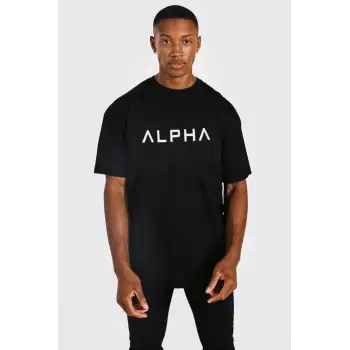 Erkek Siyah Alpha Baskılı Oversize Bisiklet Yaka T-shirt