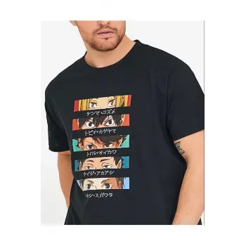 Erkek Siyah Anime Baskılı Oversize Bisiklet Yaka Tişört